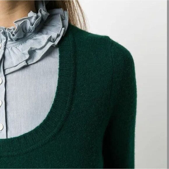 Sandro Bottle Green Ruffle Neck 100% Wool 100% Cotton Layered Pullover Sweater L - Picture 3 of 12